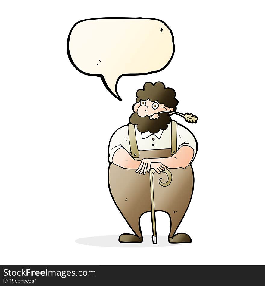 cartoon farmer leaning on walking stick with speech bubble