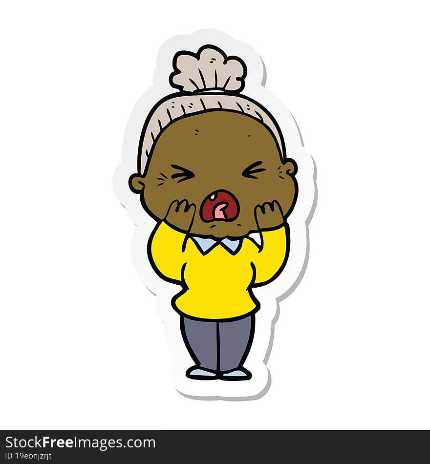 sticker of a cartoon angry old woman