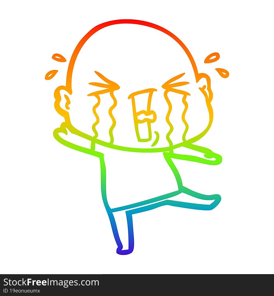 Rainbow Gradient Line Drawing Cartoon Crying Bald Man