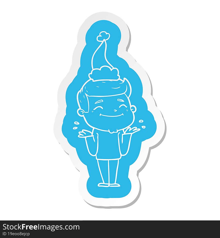 Happy Cartoon  Sticker Of A Man Shrugging Wearing Santa Hat