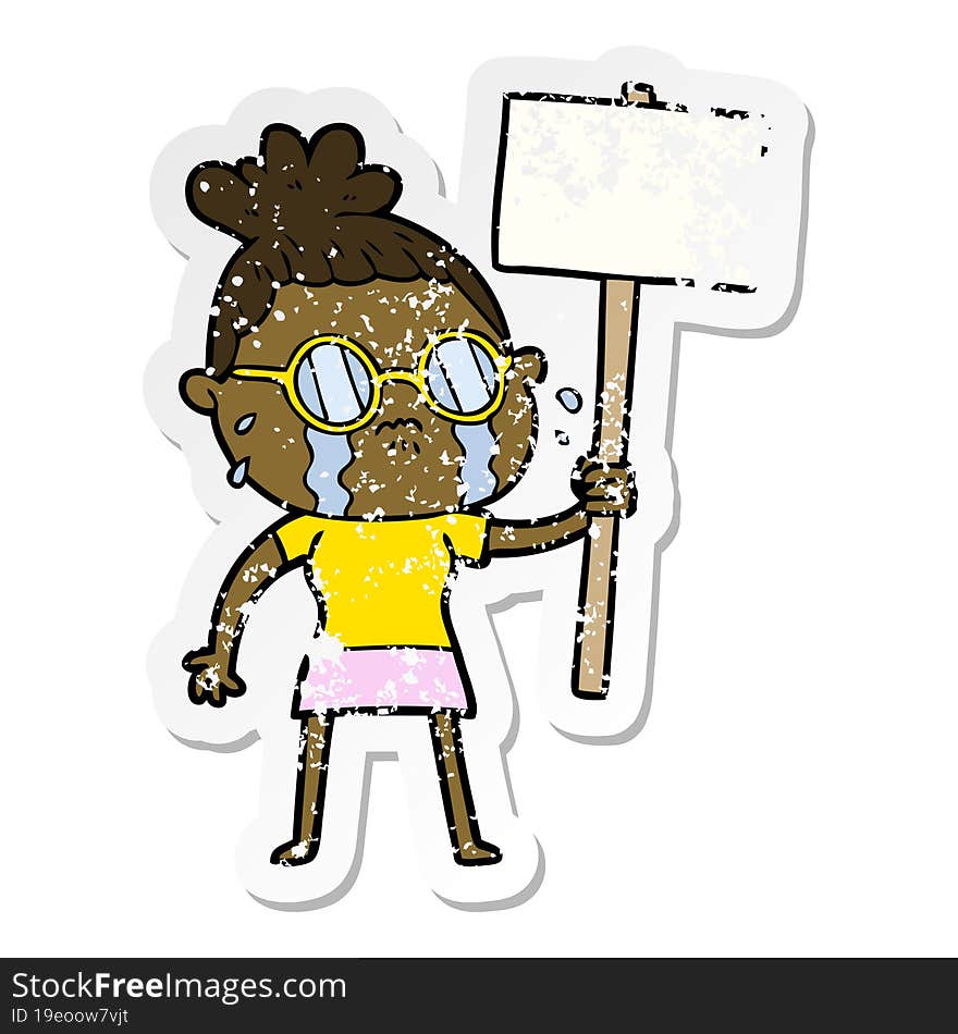 distressed sticker of a cartoon crying woman wearing spectacles