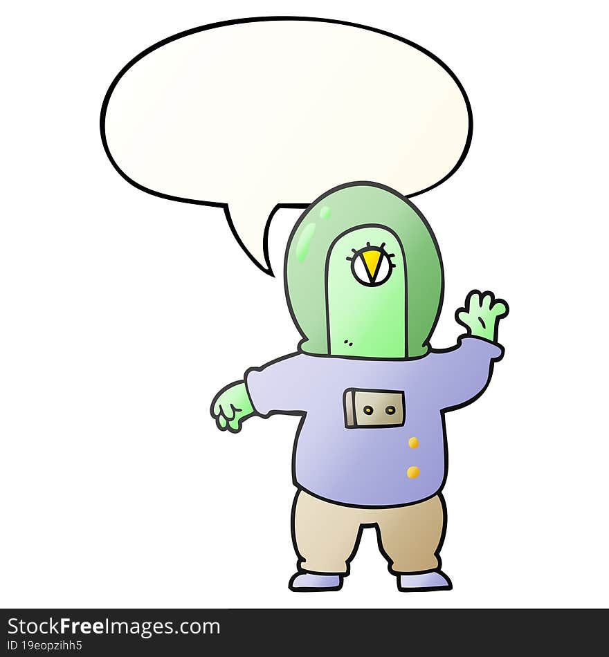 cartoon space alien and speech bubble in smooth gradient style