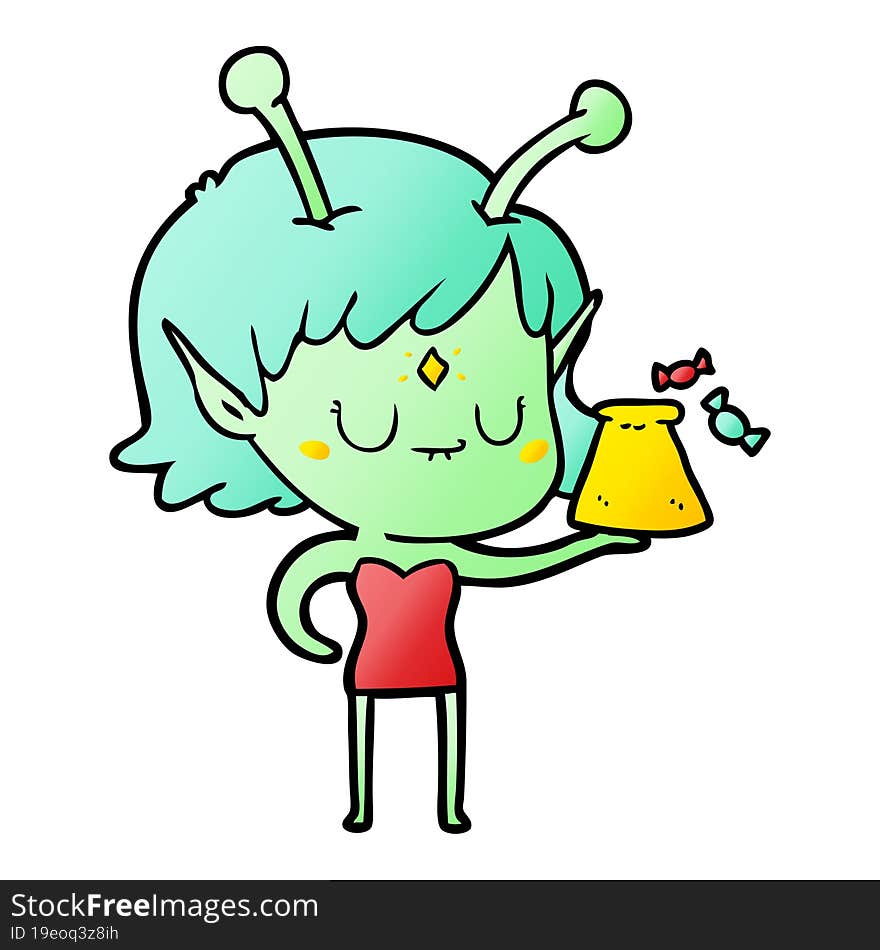 cartoon alien girl with bag of candy. cartoon alien girl with bag of candy