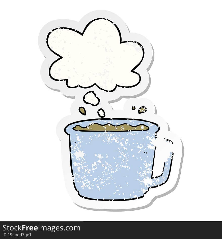 cartoon coffee cup with thought bubble as a distressed worn sticker