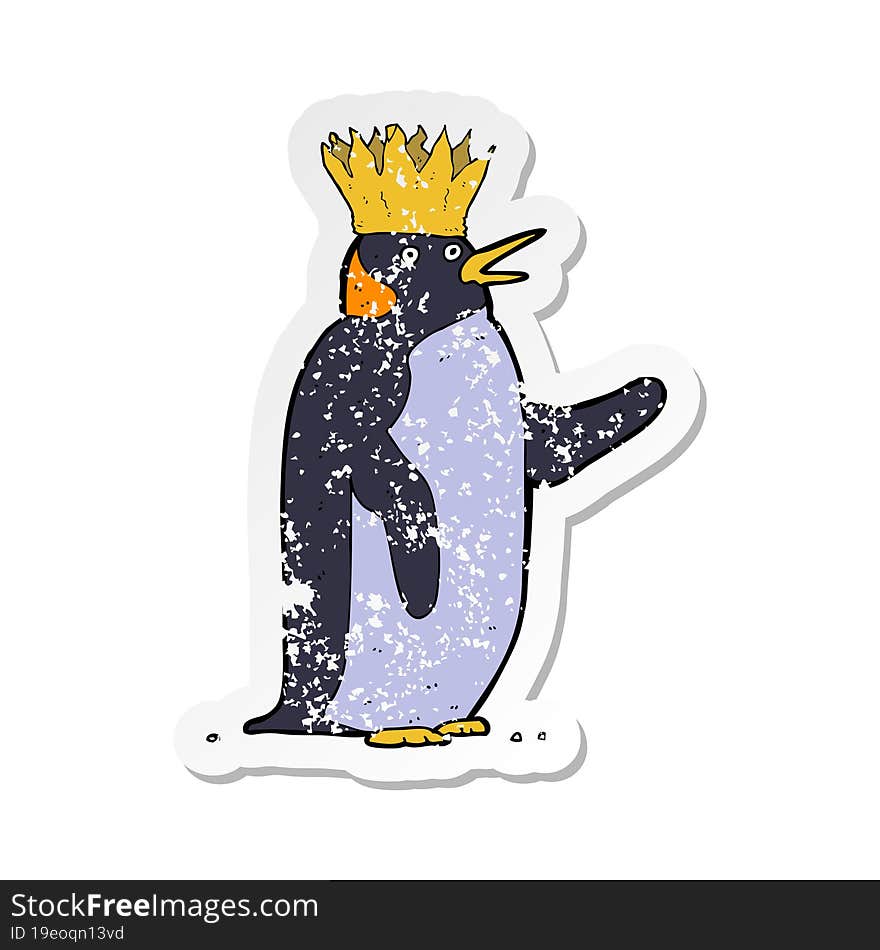 Retro Distressed Sticker Of A Cartoon Emperor Penguin Waving