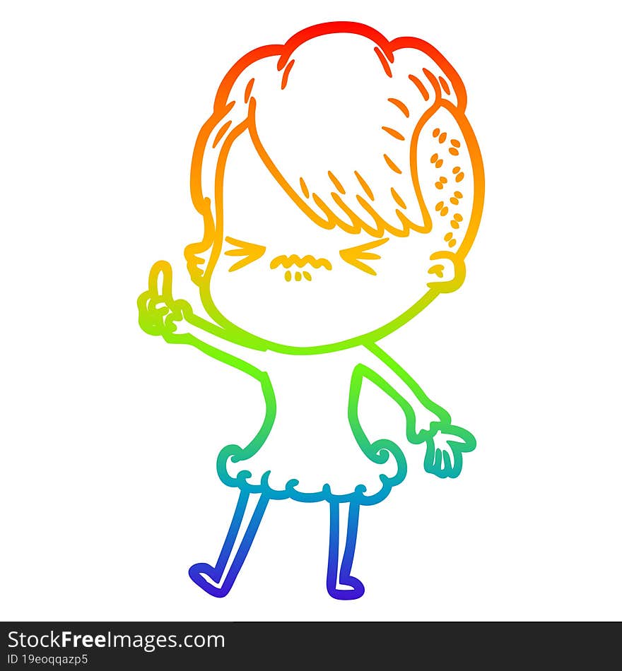 Rainbow Gradient Line Drawing Cartoon Annoyed Hipster Girl