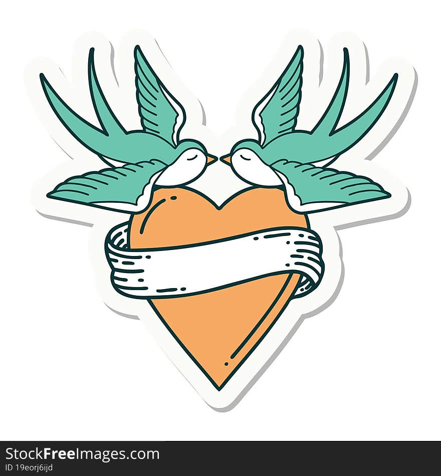 sticker of tattoo in traditional style of swallows and a heart with banner. sticker of tattoo in traditional style of swallows and a heart with banner