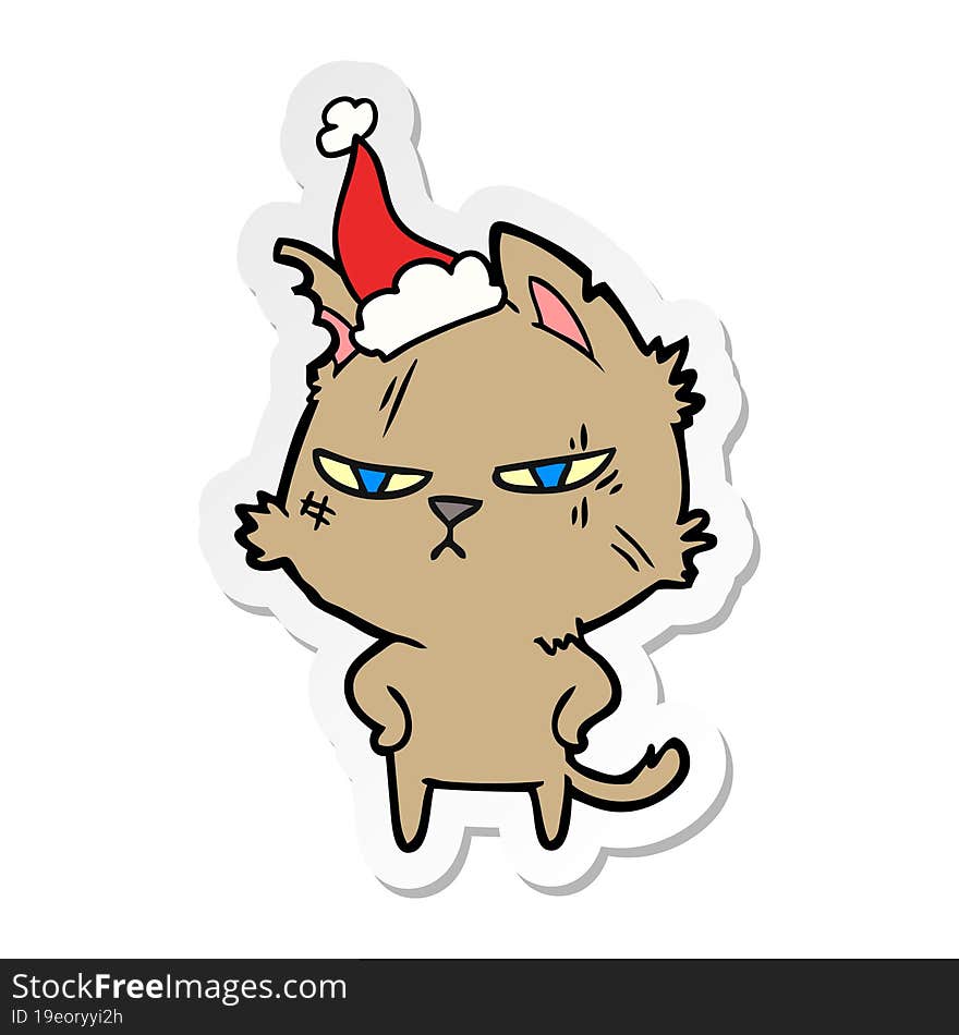 Tough Sticker Cartoon Of A Cat Wearing Santa Hat