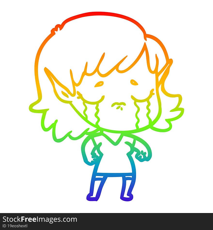 Rainbow Gradient Line Drawing Cartoon Crying Elf Girl