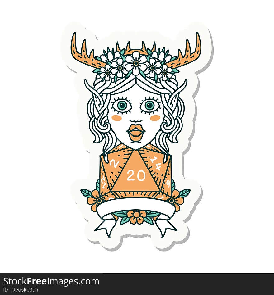 Elf Druid Character With Natural 20 Dice Roll Sticker