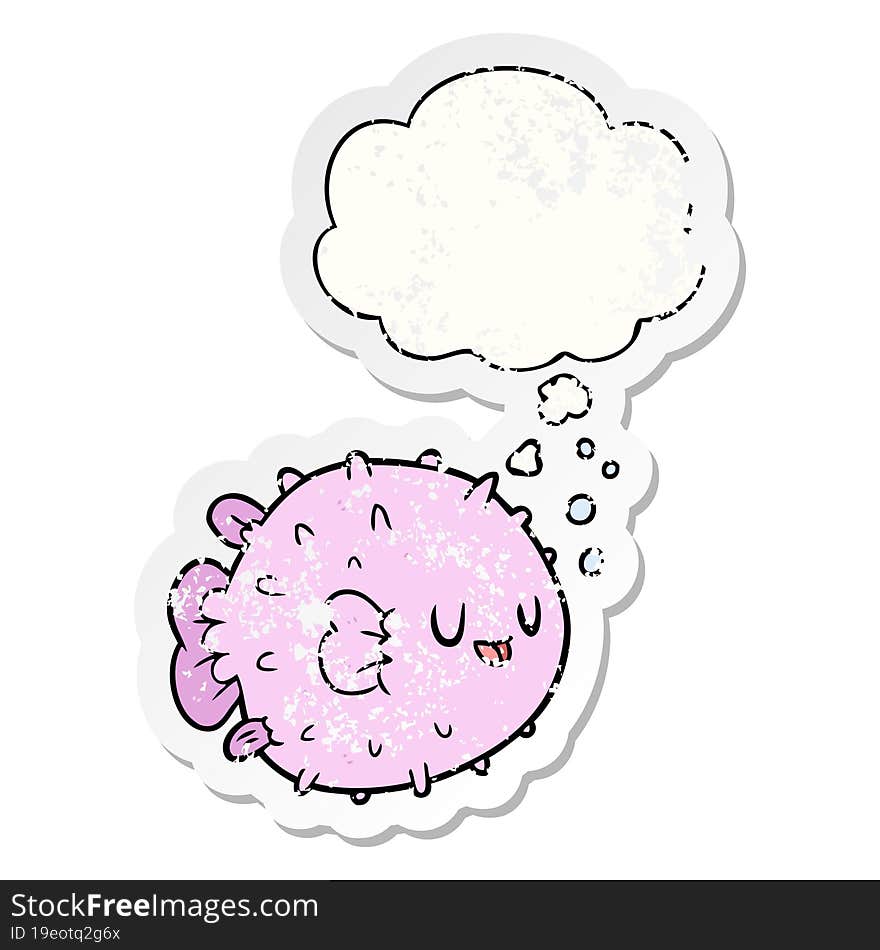 cartoon blowfish with thought bubble as a distressed worn sticker