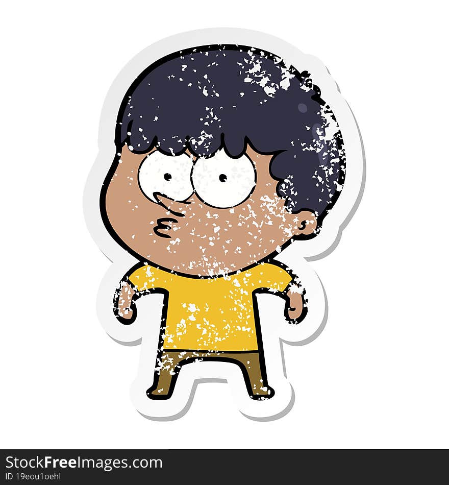 distressed sticker of a cartoon curious boy