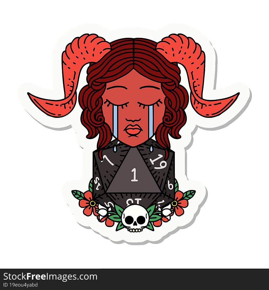 crying tiefling character with natural one D20 dice roll sticker