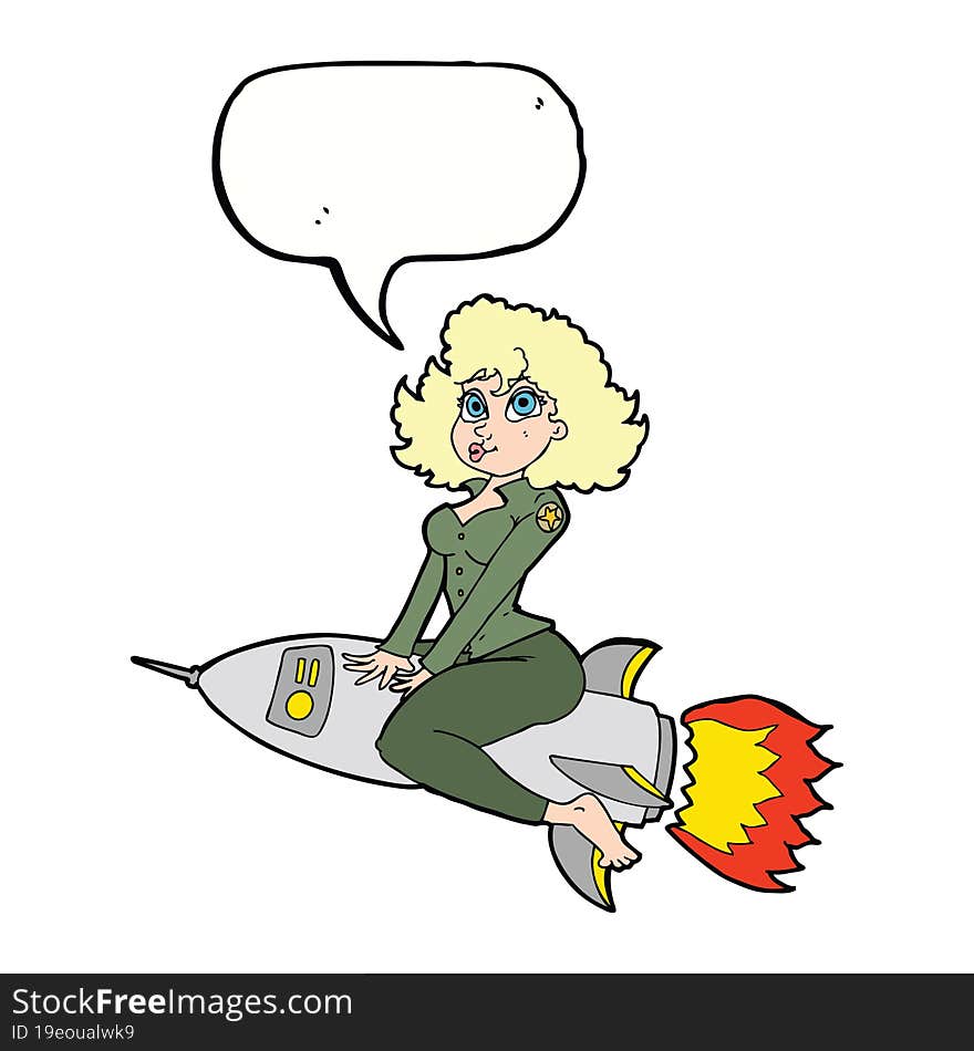 cartoon army pin up girl riding missile] with speech bubble