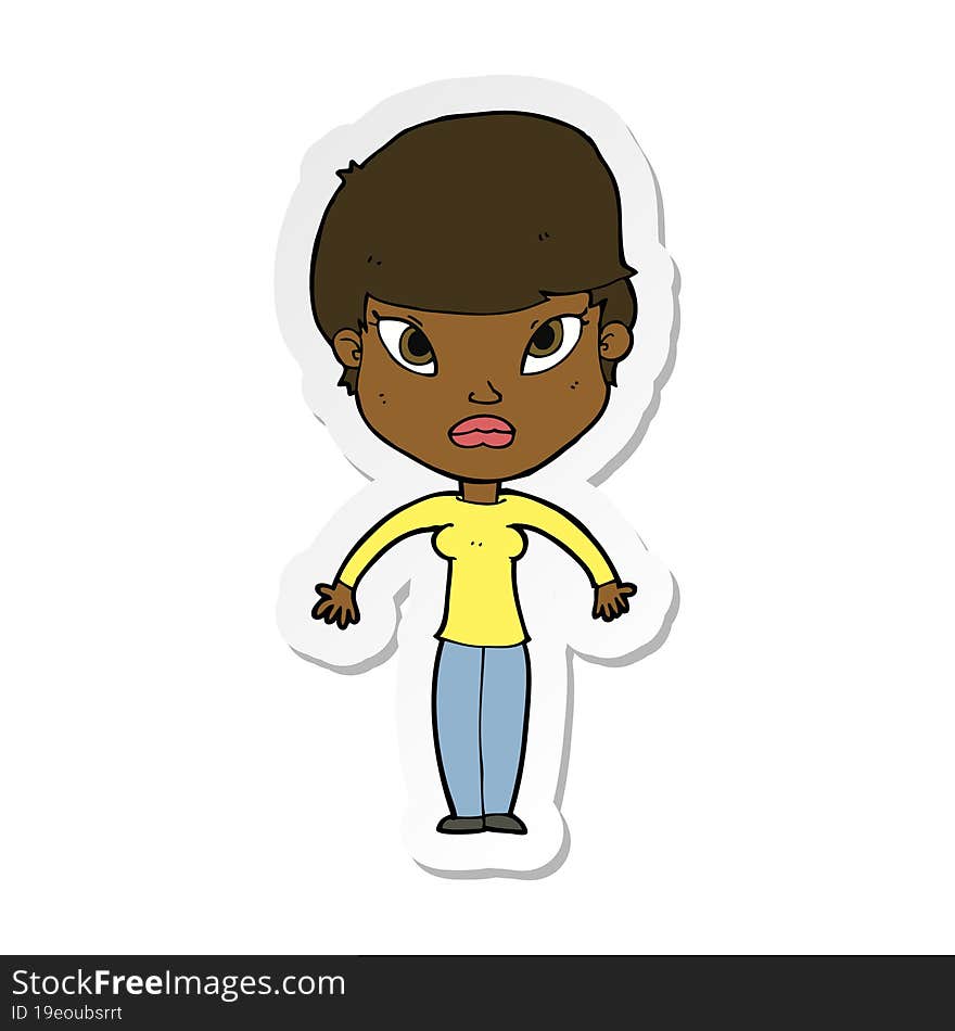 Sticker Of A Cartoon Woman Shrugging Shoulders