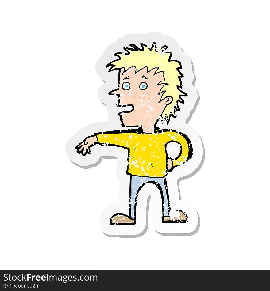 retro distressed sticker of a cartoon man making dismissive gesture