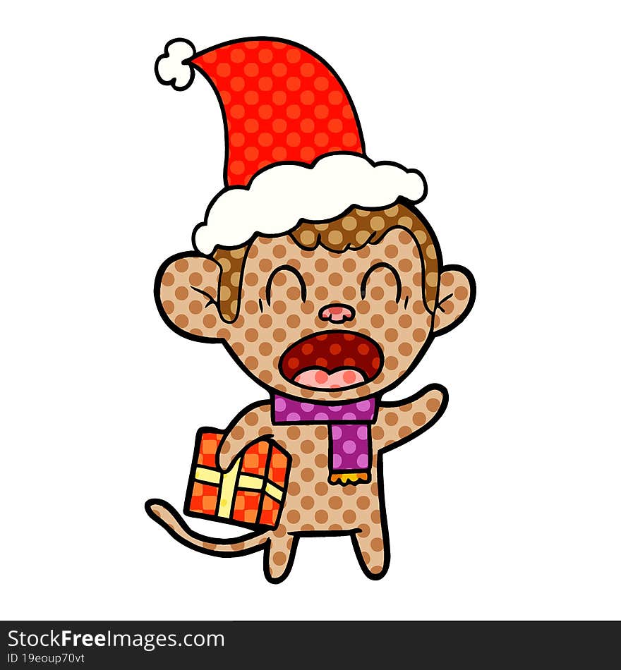 shouting comic book style illustration of a monkey carrying christmas gift wearing santa hat