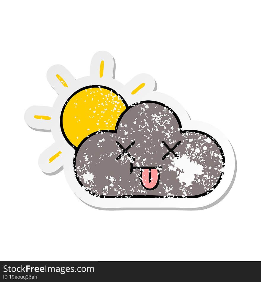 distressed sticker of a cute cartoon storm cloud and sun