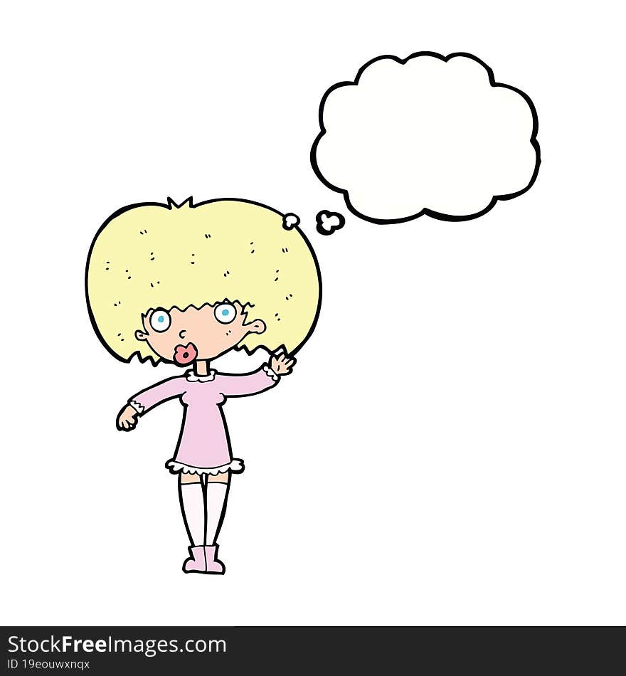 cartoon waving girl with thought bubble