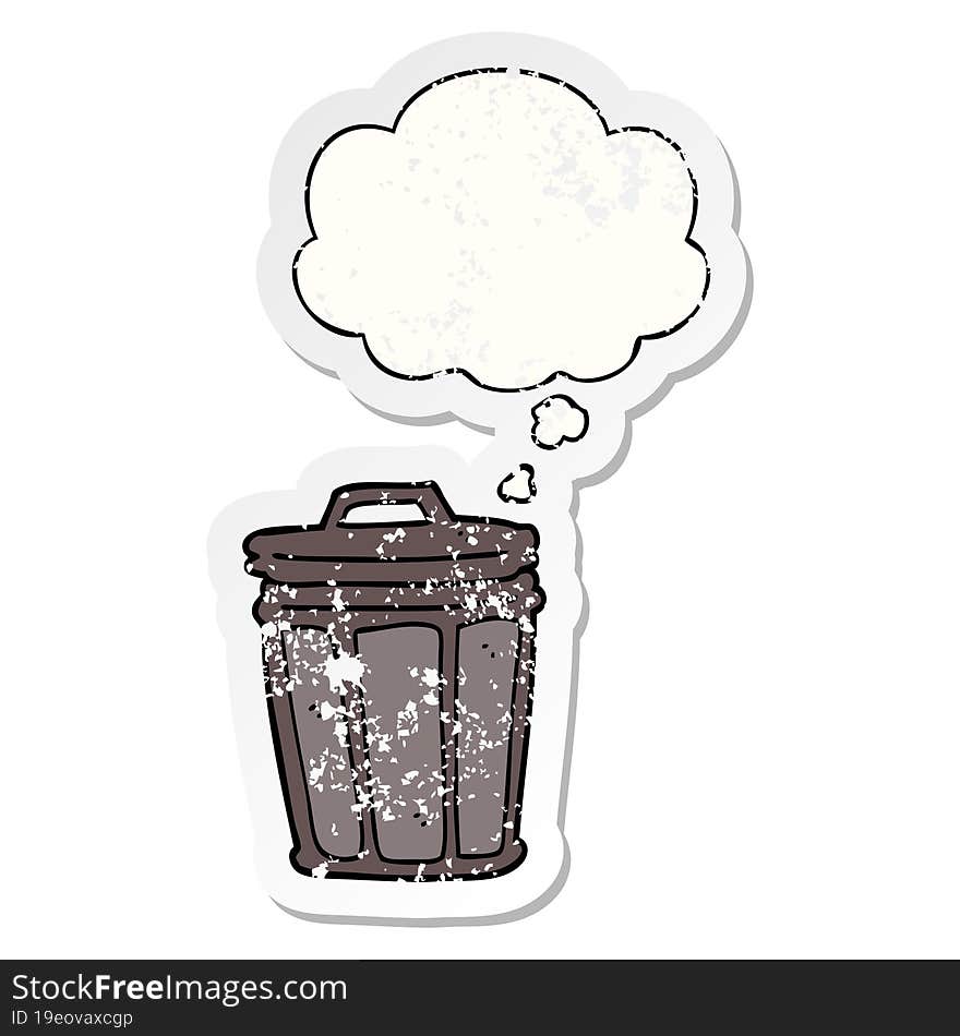 cartoon trash can and thought bubble as a distressed worn sticker