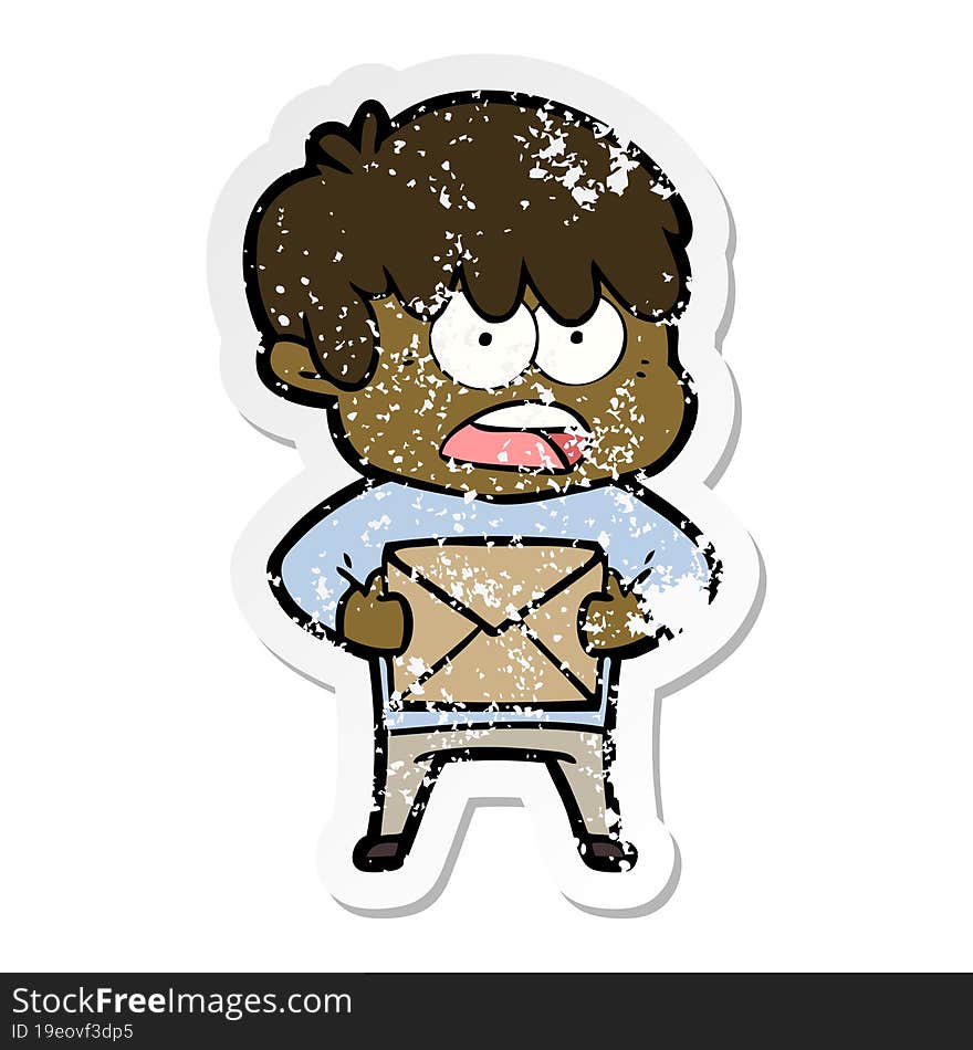 distressed sticker of a worried cartoon boy