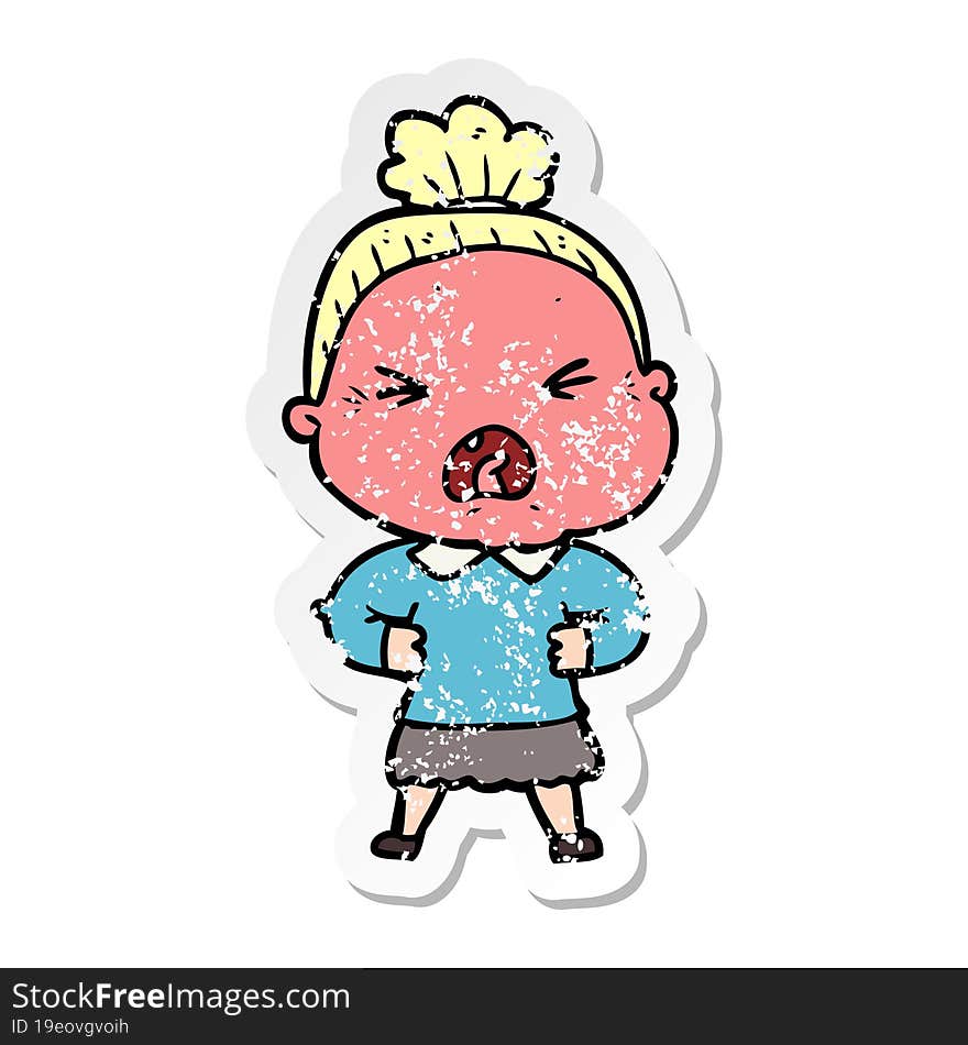 distressed sticker of a cartoon angry old woman