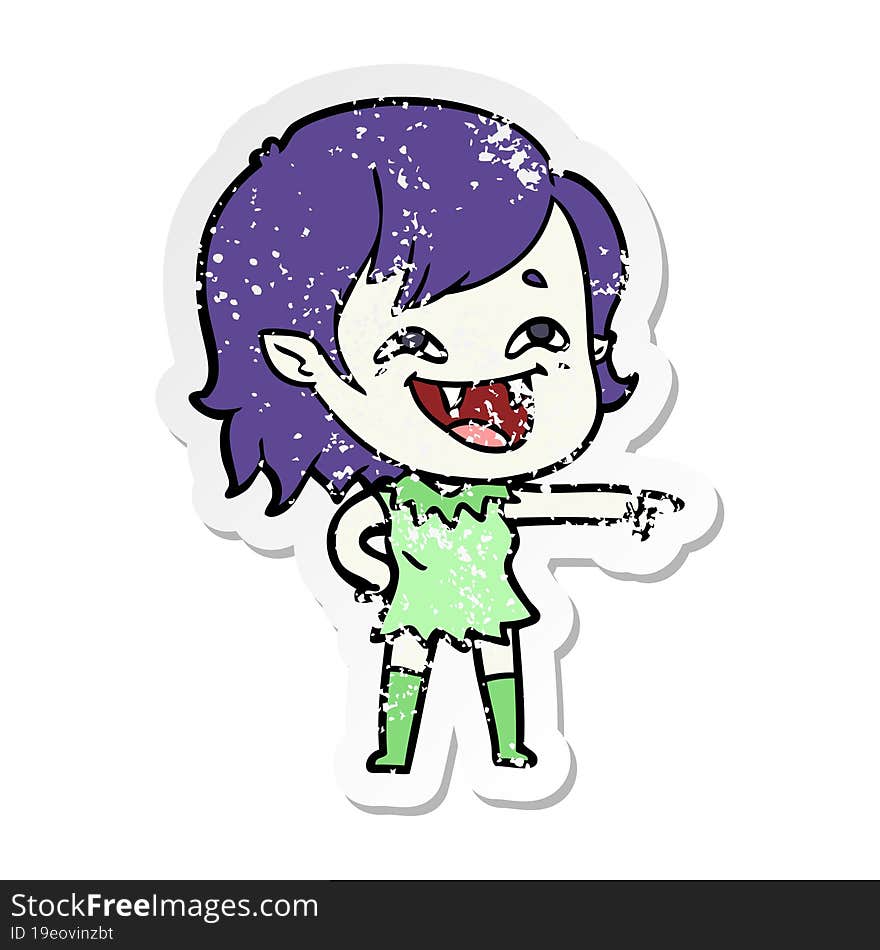 distressed sticker of a cartoon laughing vampire girl