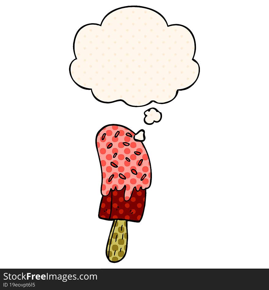 cartoon ice cream lolly and thought bubble in comic book style