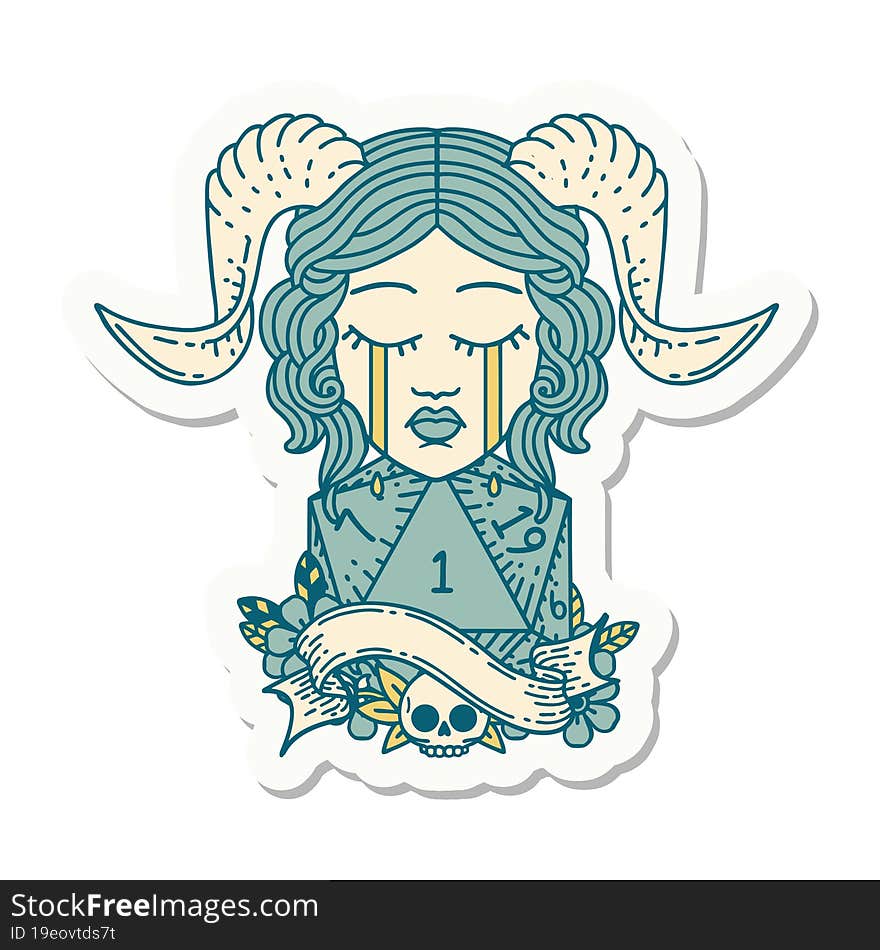 sticker of a crying tiefling with natural one D20 dice roll. sticker of a crying tiefling with natural one D20 dice roll