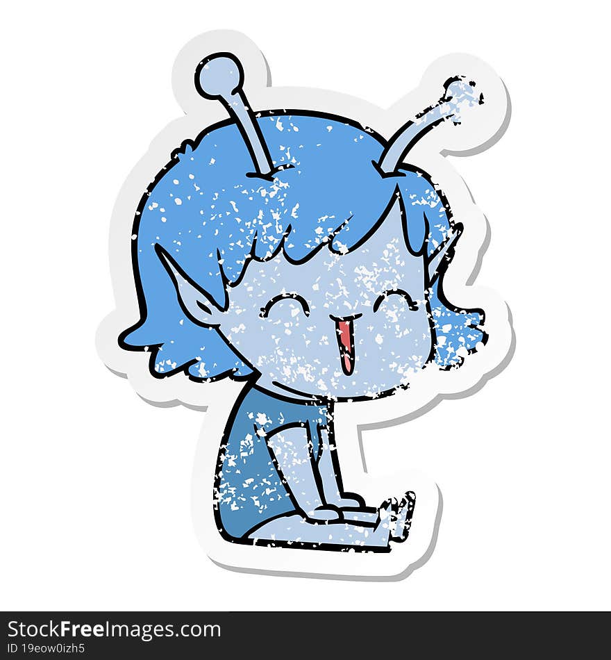 distressed sticker of a cartoon alien girl laughing