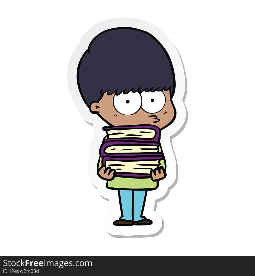 sticker of a nervous cartoon boy carrying books