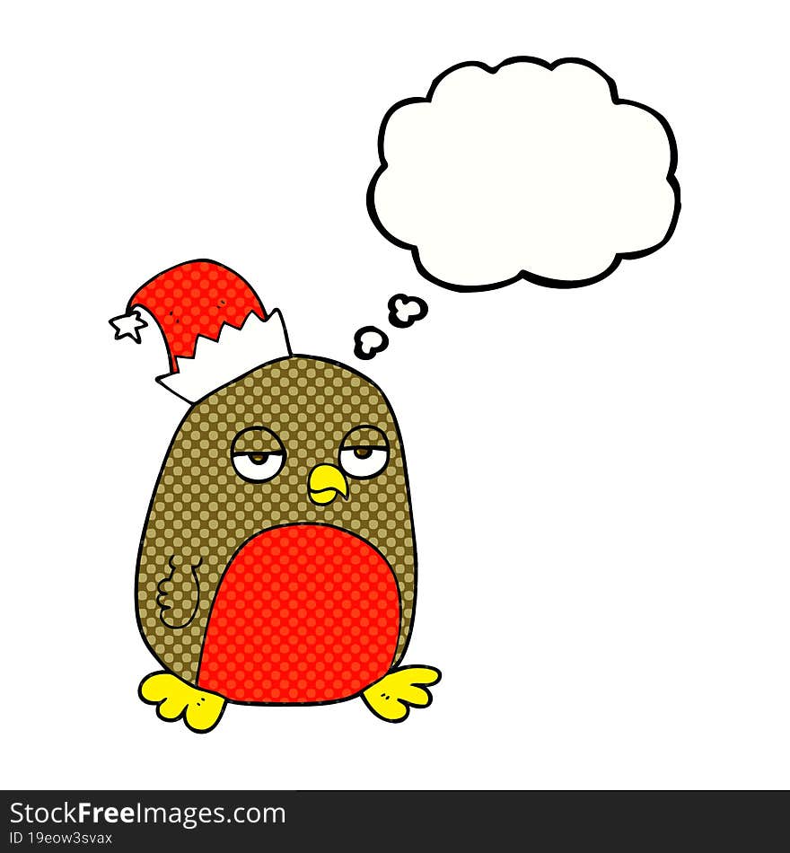 thought bubble cartoon christmas robin wearing santa hat