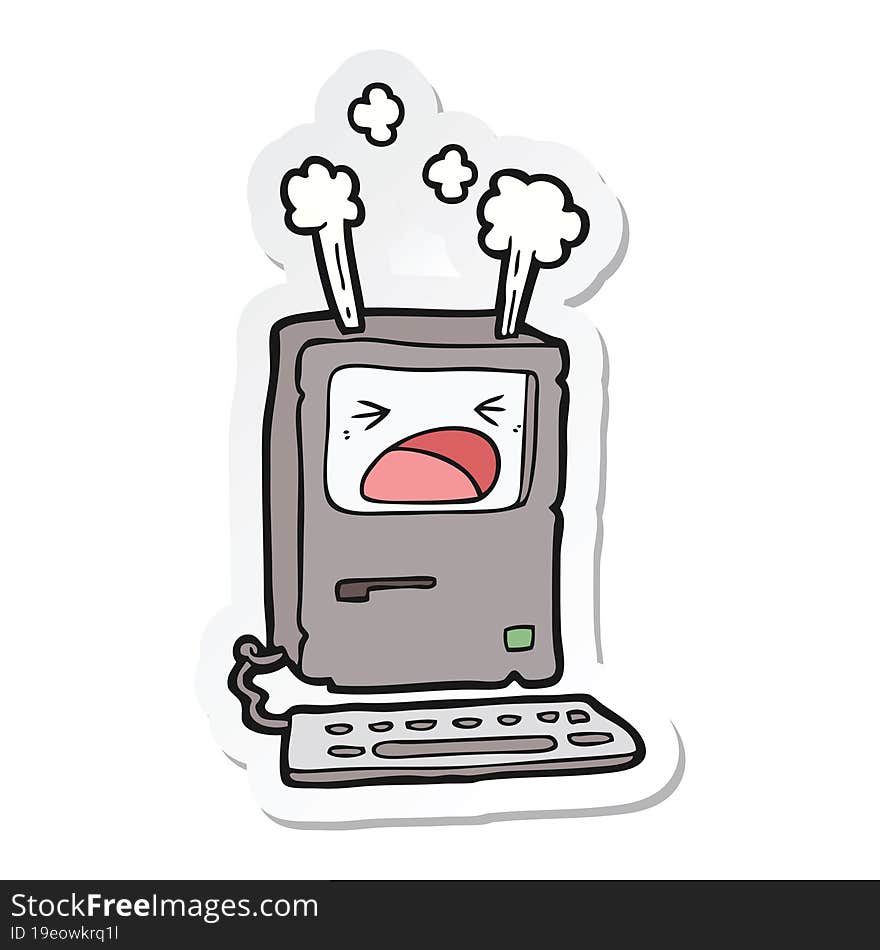 sticker of a cartoon overheating computer