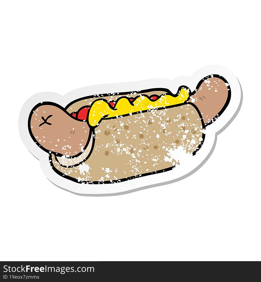 distressed sticker of a cartoon hot dog