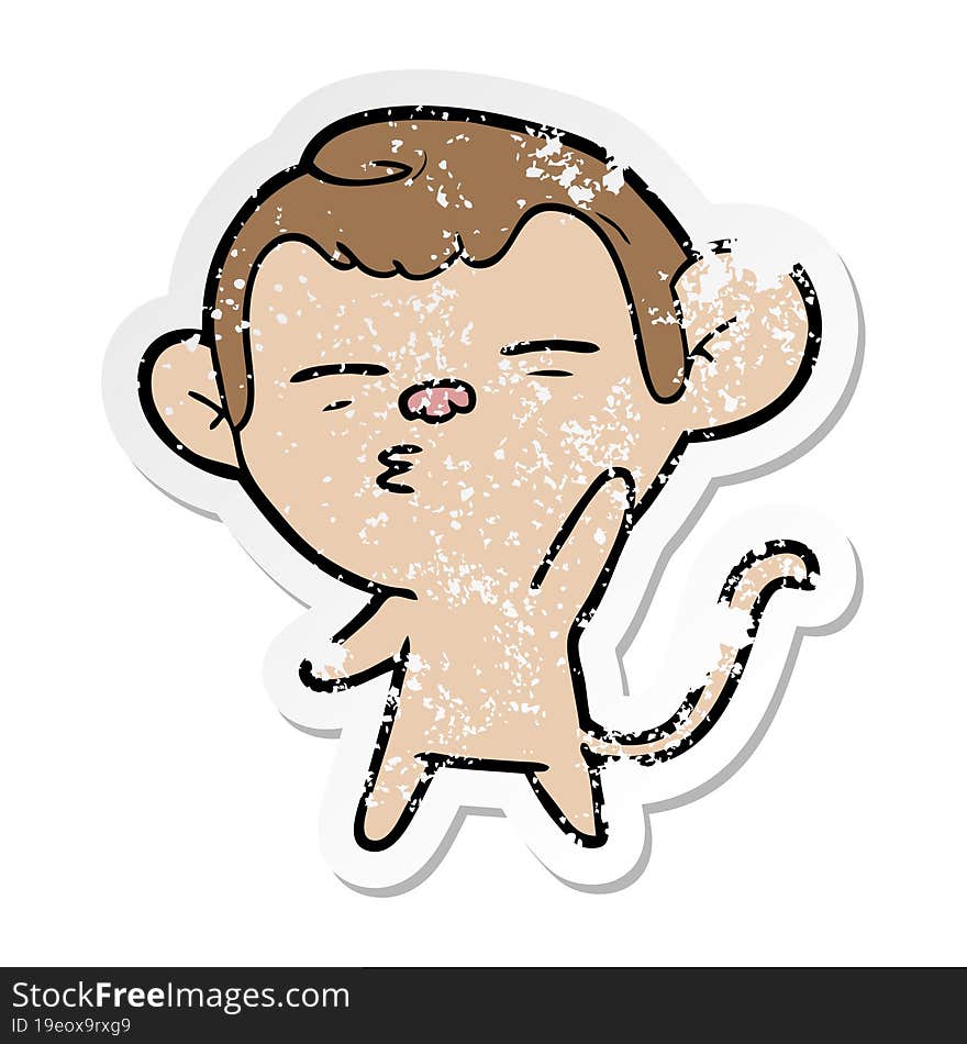 distressed sticker of a cartoon suspicious monkey