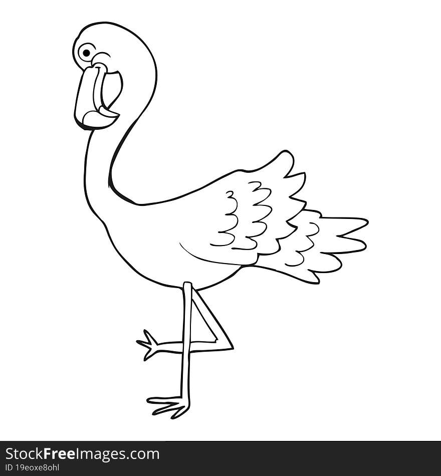 freehand drawn black and white cartoon flamingo