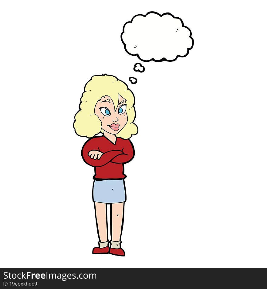 cartoon woman with crossed arms with thought bubble