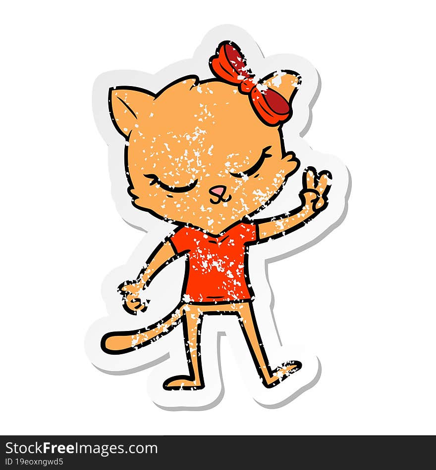 distressed sticker of a cute cartoon cat with bow