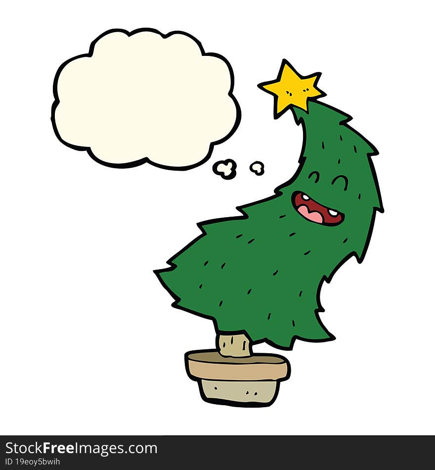 cartoon dancing christmas tree with thought bubble