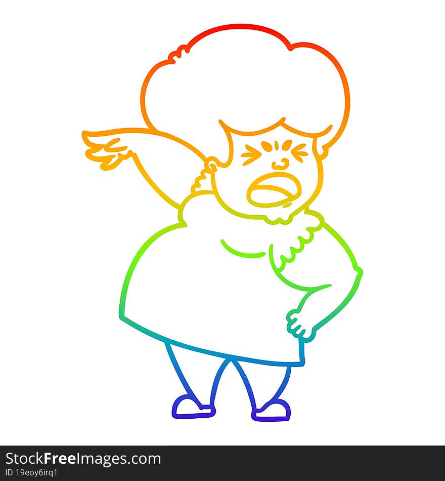 rainbow gradient line drawing of a cartoon angry woman