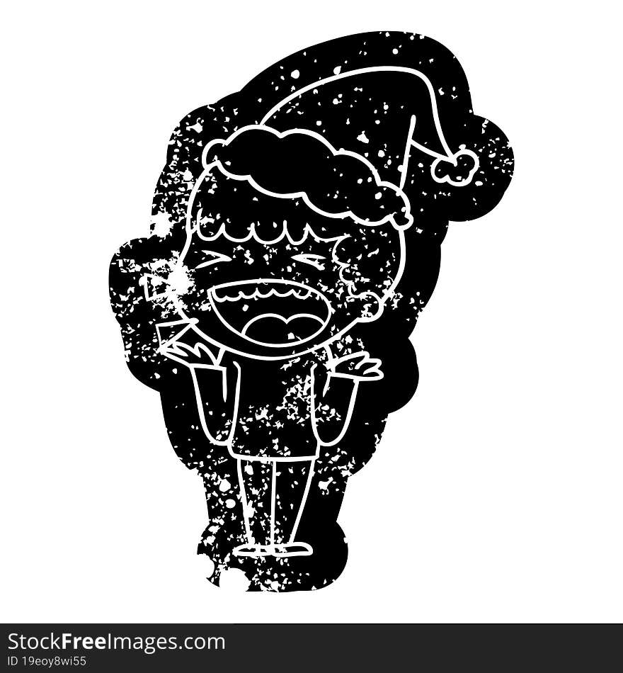 quirky cartoon distressed icon of a laughing man wearing santa hat