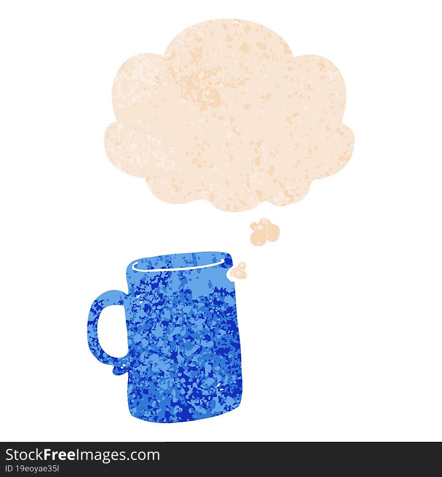 cartoon mug and thought bubble in retro textured style