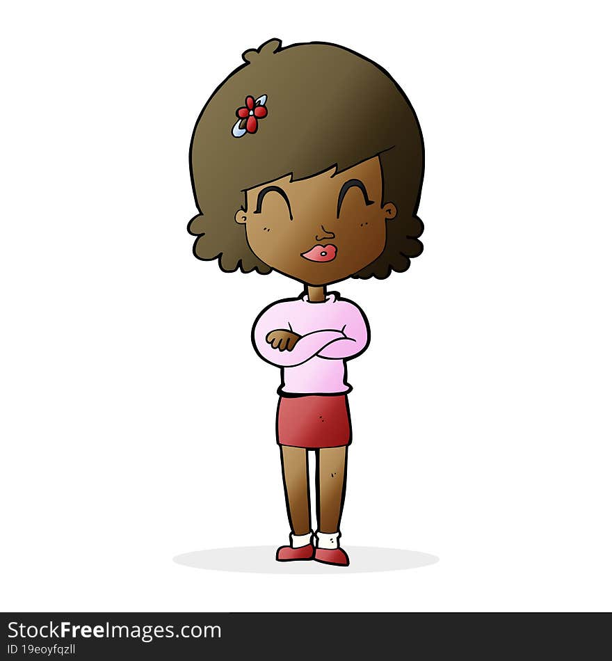 cartoon happy woman with folded arms