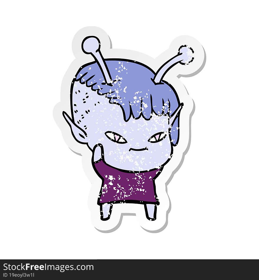 distressed sticker of a cute cartoon alien girl