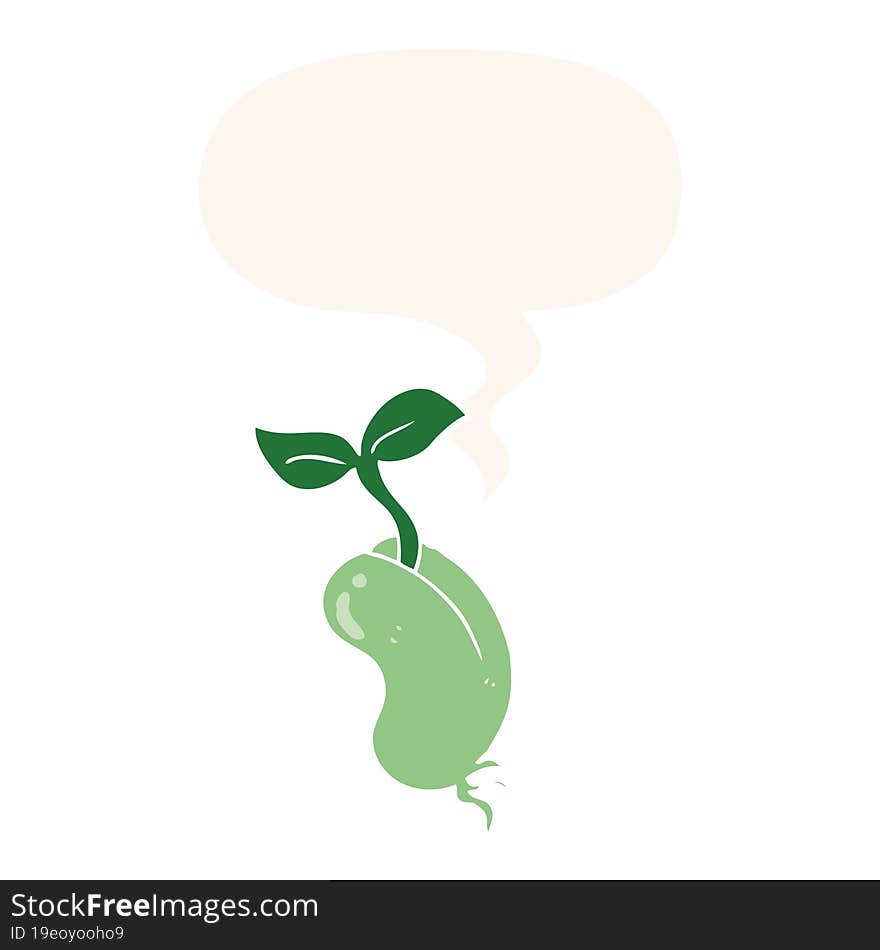 cartoon sprouting seed and speech bubble in retro style