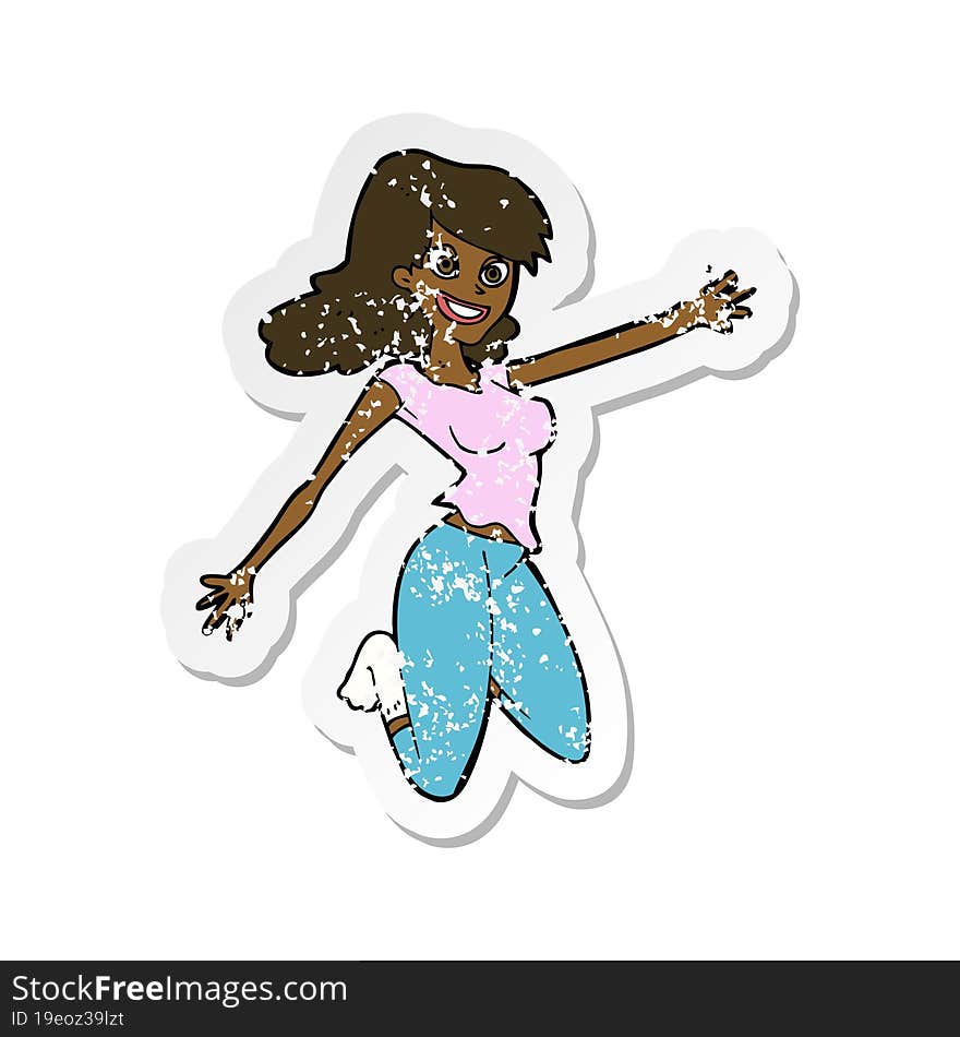 retro distressed sticker of a cartoon jumping woman