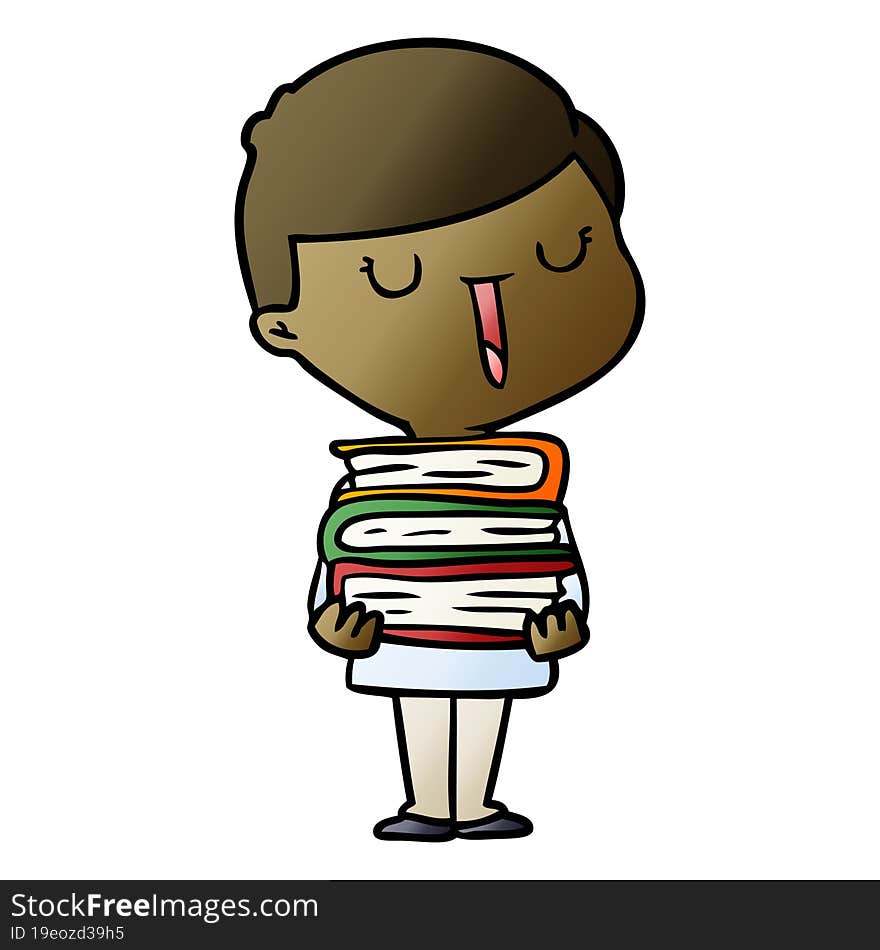 cartoon happy boy with stack of books. cartoon happy boy with stack of books