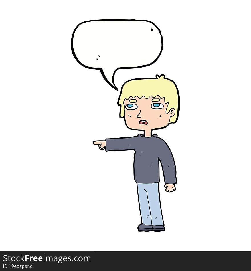 cartoon boy pointing with speech bubble