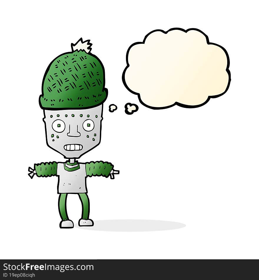 cartoon robot wearing hat with thought bubble