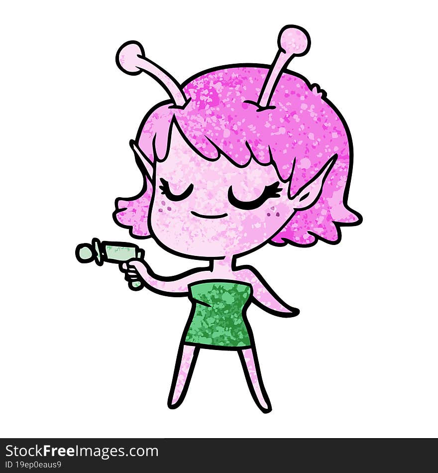 smiling alien girl cartoon pointing ray gun. smiling alien girl cartoon pointing ray gun